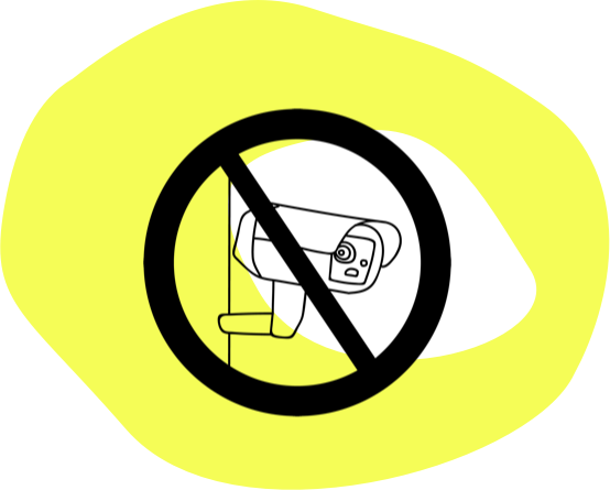 Ein Bild einer durchgestrichenen Überwachungskamera, was die privatsphäre-freundliche Gestaltung von Zilp-Zalp symbolisiert.