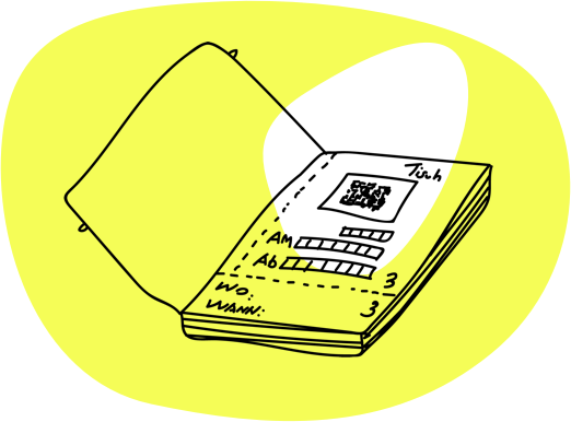 Ein Bild, das ein Heft mit Zilp-Zalp QR-Codes zeigt und die analoge, papiergestützte Kontaktnachverfolgung illustriert.